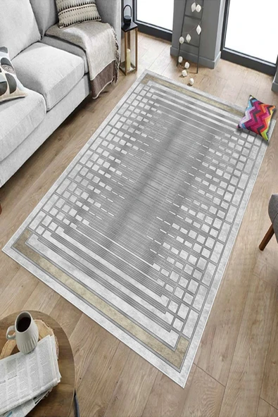 Makinede Yıkanabilir Leke Tutmaz  Gümüş Dot Keçe Kaymaz Taban Çerçeve Salon Saçaksız Halı B1172  GÜMÜŞ 80 x 200 ürün görseli