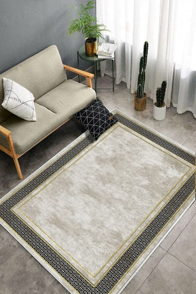 Makinede Yıkanabilir Leke Tutmaz  Krem-Gold Dot Keçe Kaymaz Taban Salon-Yolluk Saçaksız Halı B1182  KREM-GOLD-SİYAH 100 x 300 - 4