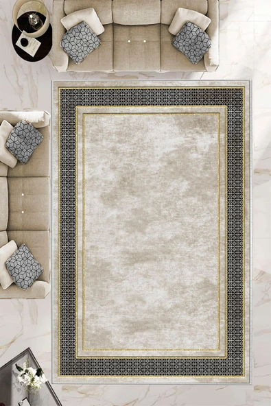 Makinede Yıkanabilir Leke Tutmaz  Krem-Gold Dot Keçe Kaymaz Taban Salon-Yolluk Saçaksız Halı B1182  KREM-GOLD-SİYAH 100 x 200