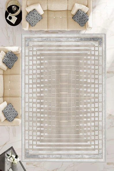 Makinede Yıkanabilir Leke Tutmaz  Krem Dot Keçe Kaymaz Taban Çerçeve Salon Saçaksız Halı B1173  KREM 100 x 200