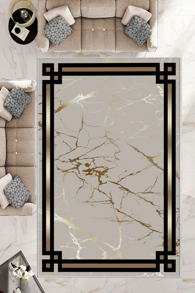 Makinede Yıkanabilir Leke Tutmaz  Gold Dot Keçe Kaymaz Taban Çerçeve Salon Saçaksız Halı B1212  GOLD 180 x 280