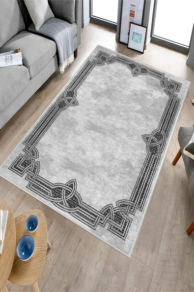 Makinede Yıkanabilir Leke Tutmaz  Gri Dot Keçe Kaymaz Taban Çerçeve Salon Saçaksız Halı B1189  100 x 300 GRİ - Resim 3