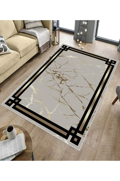 Makinede Yıkanabilir Leke Tutmaz  Gold Dot Keçe Kaymaz Taban Çerçeve Salon Saçaksız Halı B1212  GOLD 160 x 230 - Resim 5