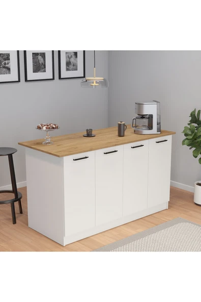 UMGMOBİLYA Patentli 160lık Benzila Meşe Beyaz Siyah Kulplu Ada Mutfak, Mutfak Dolabı, Çok Amaçlı Dolap