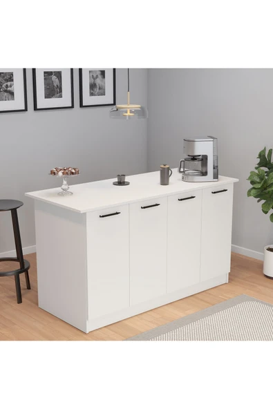 UMGMOBİLYA 160lık Benzila Beyaz Siyah Kulplu Ada Mutfak Mutfak Dolabı, Çok Amaçlı Dolap