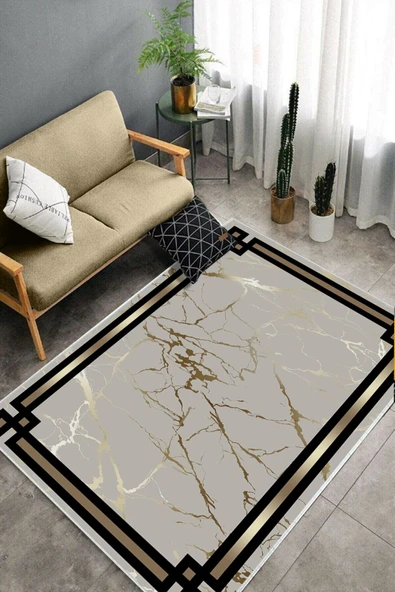 Makinede Yıkanabilir Leke Tutmaz  Gold Dot Keçe Kaymaz Taban Çerçeve Salon Saçaksız Halı B1212  GOLD 160 x 230 - Resim 4