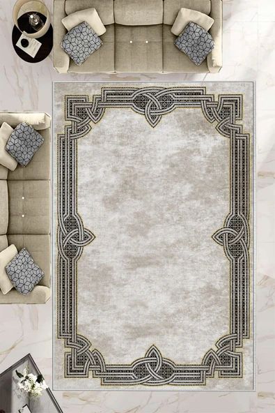 Makinede Yıkanabilir Leke Tutmaz  Bej-Gold Dot Keçe Kaymaz Taban Çerçeve Salon Saçaksız Halı B1188  BEJ-GOLD 120 x 180