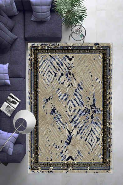 Makinede Yıkanabilir Leke Tutmaz  Lacivert Dot Keçe Kaymaz Taban Modern Salon Saçaksız Halı B1208  LACİVERT 160 x 230 - Resim 6