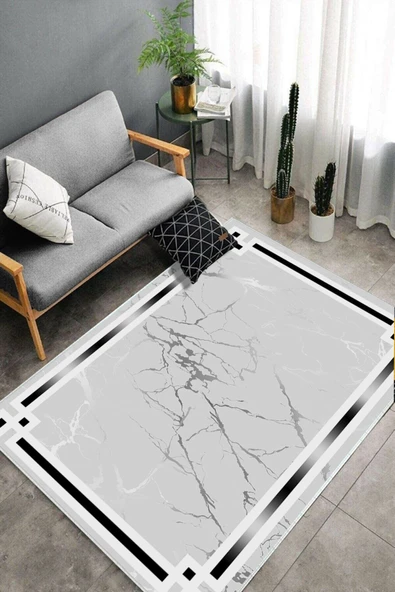 Makinede Yıkanabilir Leke Tutmaz  Gri Dot Keçe Kaymaz Taban Çerçeve Salon Saçaksız Halı B1213  GRİ 160 x 230 - Resim 4