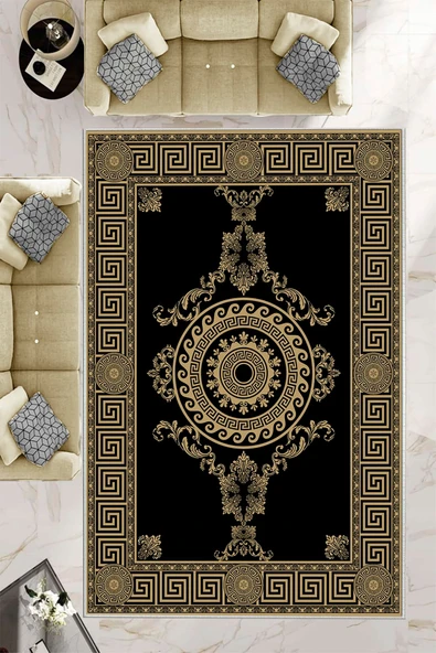 Makinede Yıkanabilir Leke Tutmaz  Gold Dot Keçe Kaymaz Taban Göbekli Salon Saçaksız Halı B1192  80 x 200 GOLD