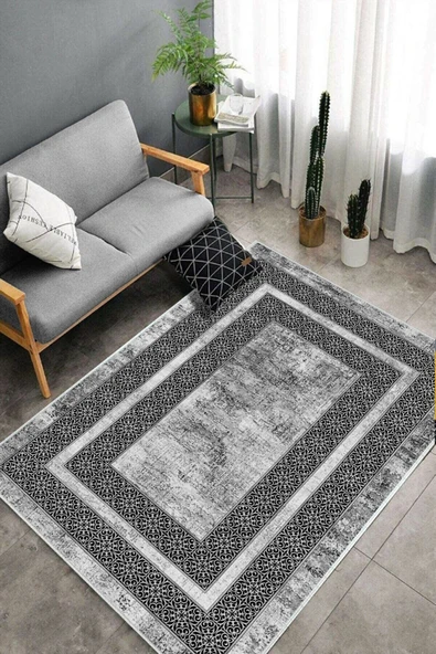 Makinede Yıkanabilir Leke Tutmaz  Gümüş Dot Keçe Kaymaz Taban Modern Salon Saçaksız Halı B1176  GÜMÜŞ 100 x 200 - Resim 3