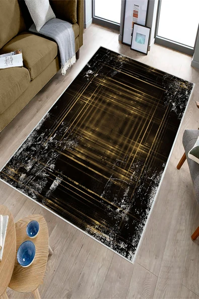 Makinede Yıkanabilir Leke Tutmaz  Gold Dot Keçe Kaymaz Taban Işıltılı Salon Saçaksız Halı B1206  GOLD 100 x 200 - 3