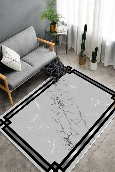 Makinede Yıkanabilir Leke Tutmaz  Gri Dot Keçe Kaymaz Taban Çerçeve Salon Saçaksız Halı B1211  GRİ 80 x 200 - Resim 4
