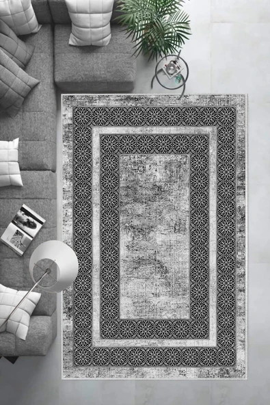 Makinede Yıkanabilir Leke Tutmaz  Gümüş Dot Keçe Kaymaz Taban Modern Salon Saçaksız Halı B1176  GÜMÜŞ 100 x 200 - Resim 5