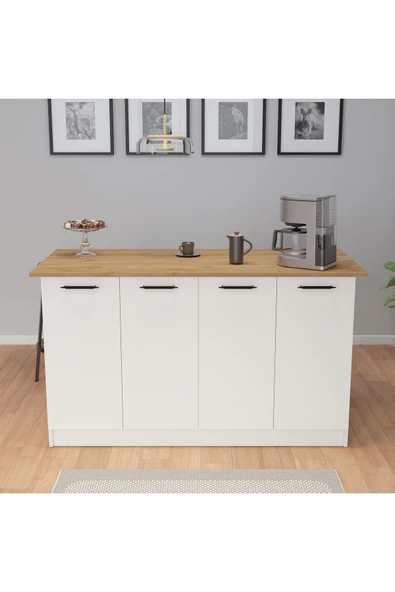 UMGMOBİLYA Patentli 160lık Benzila Meşe Beyaz Siyah Kulplu Ada Mutfak, Mutfak Dolabı, Çok Amaçlı Dolap - 3
