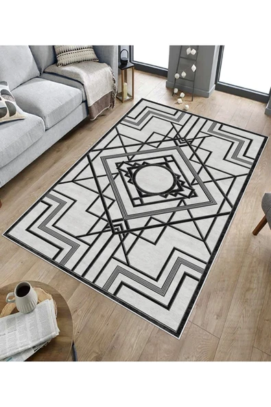 Makinede Yıkanabilir Leke Tutmaz  Siyah Dot Keçe Kaymaz Taban Lobohemart Salon Saçaksız Halı B1204  SİYAH 120 x 180 - Resim 5