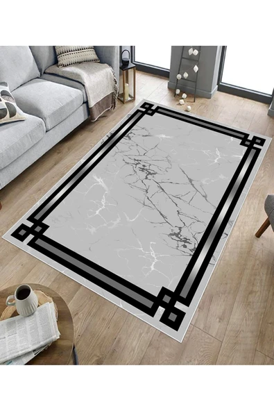 Makinede Yıkanabilir Leke Tutmaz  Gri Dot Keçe Kaymaz Taban Çerçeve Salon Saçaksız Halı B1211  GRİ 80 x 200 - Resim 5