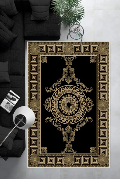 Makinede Yıkanabilir Leke Tutmaz  Gold Dot Keçe Kaymaz Taban Göbekli Salon Saçaksız Halı B1192  160 x 230 GOLD - Resim 6