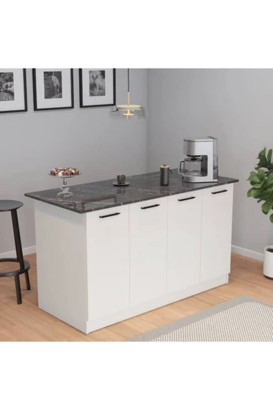 UMGMOBİLYA Patentli 160lık Benzila Mermer Desenli Beyaz Siyah Kulplu Ada Mutfak, Mutfak Dolabı, Çok Amaçlı Dolap