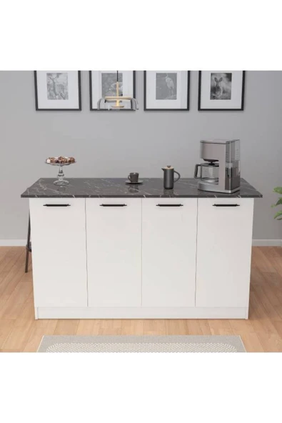 UMGMOBİLYA Patentli 160lık Benzila Mermer Desenli Beyaz Siyah Kulplu Ada Mutfak, Mutfak Dolabı, Çok Amaçlı Dolap - 3