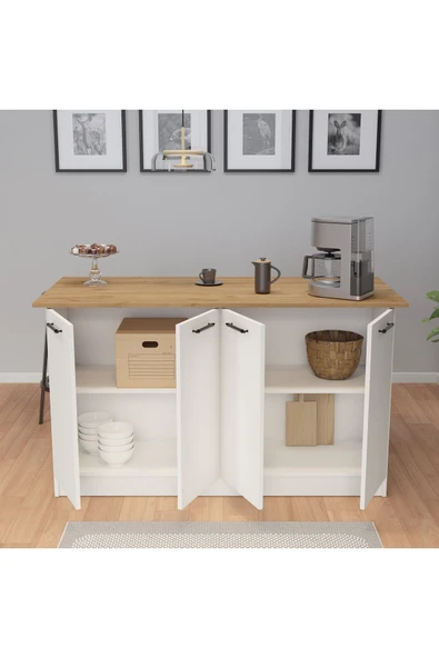 UMGMOBİLYA Patentli 160lık Benzila Meşe Beyaz Siyah Kulplu Ada Mutfak, Mutfak Dolabı, Çok Amaçlı Dolap - 4