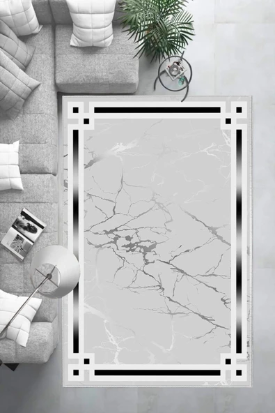 Makinede Yıkanabilir Leke Tutmaz  Gri Dot Keçe Kaymaz Taban Çerçeve Salon Saçaksız Halı B1213  GRİ 160 x 230 - Resim 6