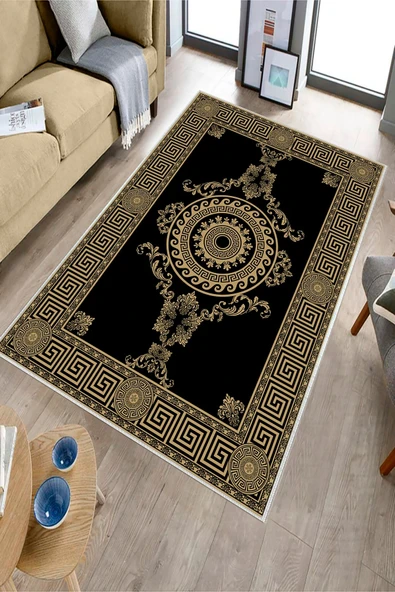 Makinede Yıkanabilir Leke Tutmaz  Gold Dot Keçe Kaymaz Taban Göbekli Salon Saçaksız Halı B1192  160 x 230 GOLD - Resim 3