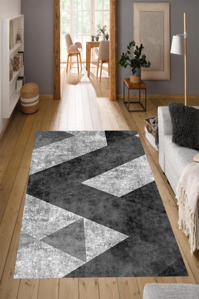 Makinede Yıkanabilir Leke Tutmaz  Siyah-Gri Pvc Deri Kaymaz Taban Modern Salon Saçaksız Halı A65  ÇOKLU 80 x 200