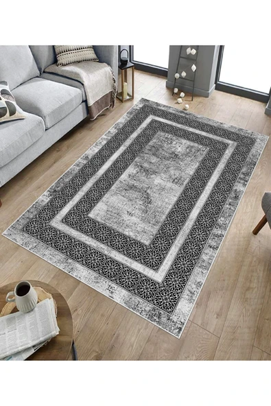 Makinede Yıkanabilir Leke Tutmaz  Gümüş Dot Keçe Kaymaz Taban Modern Salon Saçaksız Halı B1176  GÜMÜŞ 100 x 200 - Resim 4