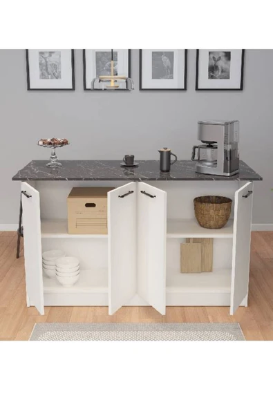 UMGMOBİLYA Patentli 160lık Benzila Mermer Desenli Beyaz Siyah Kulplu Ada Mutfak, Mutfak Dolabı, Çok Amaçlı Dolap - 4