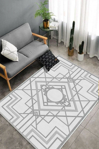 Makinede Yıkanabilir Leke Tutmaz  Gri Dot Keçe Kaymaz Taban Lobohemart Salon Saçaksız Halı B1203  GRİ 80 x 150 - Resim 4