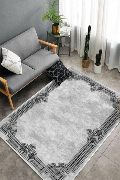 Makinede Yıkanabilir Leke Tutmaz  Gri Dot Keçe Kaymaz Taban Çerçeve Salon Saçaksız Halı B1189  100 x 300 GRİ - Resim 4