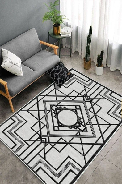 Makinede Yıkanabilir Leke Tutmaz  Siyah Dot Keçe Kaymaz Taban Lobohemart Salon Saçaksız Halı B1204  SİYAH 80 x 300 - Resim 4