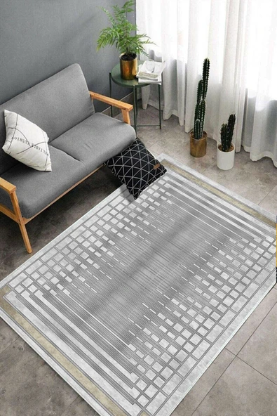 Makinede Yıkanabilir Leke Tutmaz  Gümüş Dot Keçe Kaymaz Taban Çerçeve Salon Saçaksız Halı B1172  GÜMÜŞ 80 x 200 - Resim 4