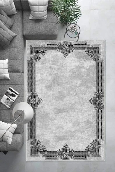 Makinede Yıkanabilir Leke Tutmaz  Gri Dot Keçe Kaymaz Taban Çerçeve Salon Saçaksız Halı B1189  100 x 300 GRİ - Resim 6