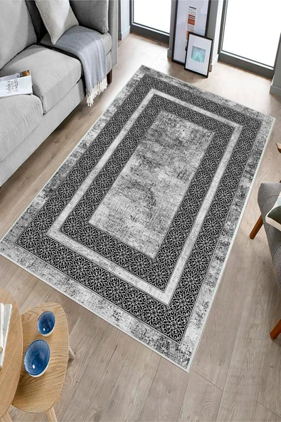 Makinede Yıkanabilir Leke Tutmaz  Gümüş Dot Keçe Kaymaz Taban Modern Salon Saçaksız Halı B1176  GÜMÜŞ 100 x 200 - Resim 2