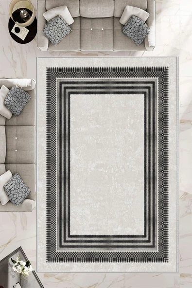 Makinede Yıkanabilir Leke Tutmaz  Krem-Antrasit Dot Keçe Kaymaz Taban Çerçeve Salon Saçaksız Halı B1170  120 x 180 KREM-ANTRASİT