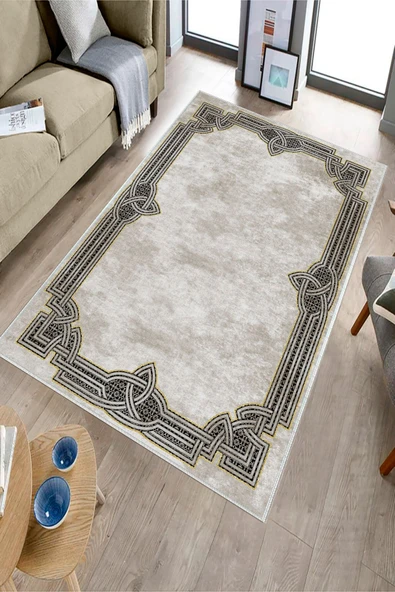 Makinede Yıkanabilir Leke Tutmaz  Bej-Gold Dot Keçe Kaymaz Taban Çerçeve Salon Saçaksız Halı B1188  BEJ-GOLD 80 x 200 - 3