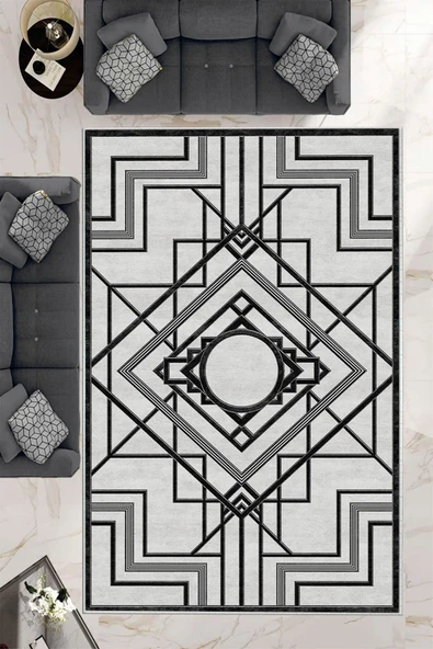 Makinede Yıkanabilir Leke Tutmaz  Siyah Dot Keçe Kaymaz Taban Lobohemart Salon Saçaksız Halı B1204  SİYAH 200 x 300 ürün görseli