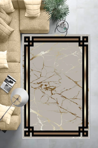 Makinede Yıkanabilir Leke Tutmaz  Gold Dot Keçe Kaymaz Taban Çerçeve Salon Saçaksız Halı B1212  GOLD 160 x 230 - Resim 6