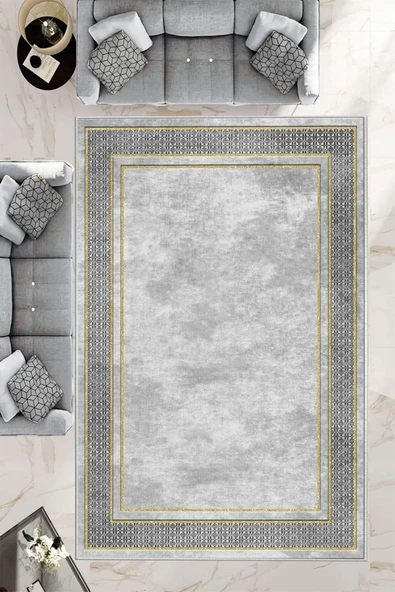 Makinede Yıkanabilir Leke Tutmaz Gri-Gold Dot Keçe Kaymaz Taban Salon-Yolluk Saçaksız Halı B1183 GRİ-GOLD 100 x 300