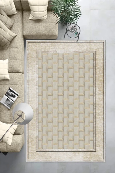 Makinede Yıkanabilir Leke Tutmaz  Krem Dot Keçe Kaymaz Taban Baklava Desen Salon Saçaksız Halı B1184  KREM 100 x 200 - Resim 6