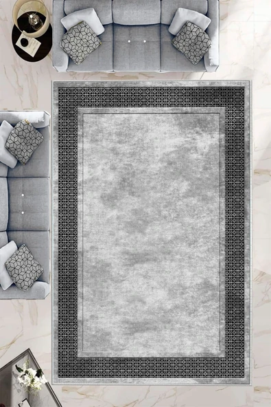 Makinede Yıkanabilir Leke Tutmaz  Gri Dot Keçe Kaymaz Taban Salon-Yolluk Saçaksız Halı B1180  GRİ 100 x 200