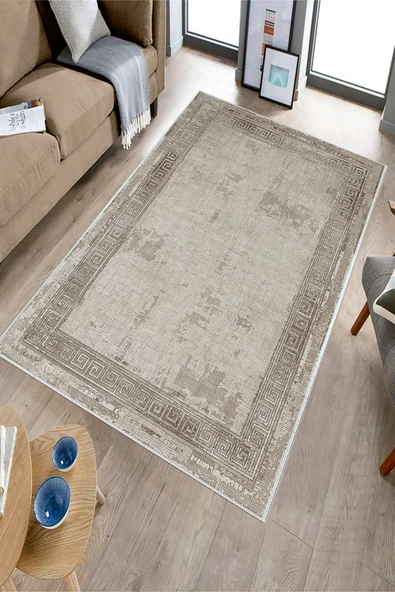 Makinede Yıkanabilir Leke Tutmaz  Bej-Vizon Dot Keçe Kaymaz Taban Vintage Salon Saçaksız Halı B1196  BEJ-VİZON 180 x 280 - Resim 3