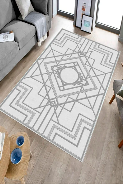 Makinede Yıkanabilir Leke Tutmaz  Gri Dot Keçe Kaymaz Taban Lobohemart Salon Saçaksız Halı B1203  GRİ 80 x 150 - Resim 3