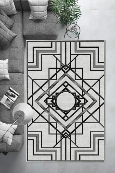 Makinede Yıkanabilir Leke Tutmaz  Siyah Dot Keçe Kaymaz Taban Lobohemart Salon Saçaksız Halı B1204  SİYAH 200 x 300 - Resim 6