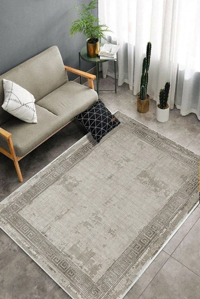 Makinede Yıkanabilir Leke Tutmaz  Bej-Vizon Dot Keçe Kaymaz Taban Vintage Salon Saçaksız Halı B1196  BEJ-VİZON 180 x 280 - Resim 4