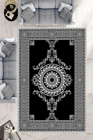 Makinede Yıkanabilir Leke Tutmaz  Siyah Dot Keçe Kaymaz Taban Göbekli Salon Saçaksız Halı B1191  SİYAH 80 x 150