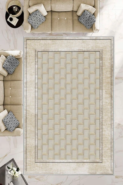 Makinede Yıkanabilir Leke Tutmaz  Krem Dot Keçe Kaymaz Taban Baklava Desen Salon Saçaksız Halı B1184  KREM 120 x 180
