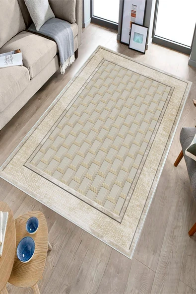 Makinede Yıkanabilir Leke Tutmaz  Krem Dot Keçe Kaymaz Taban Baklava Desen Salon Saçaksız Halı B1184  KREM 100 x 200 - Resim 3